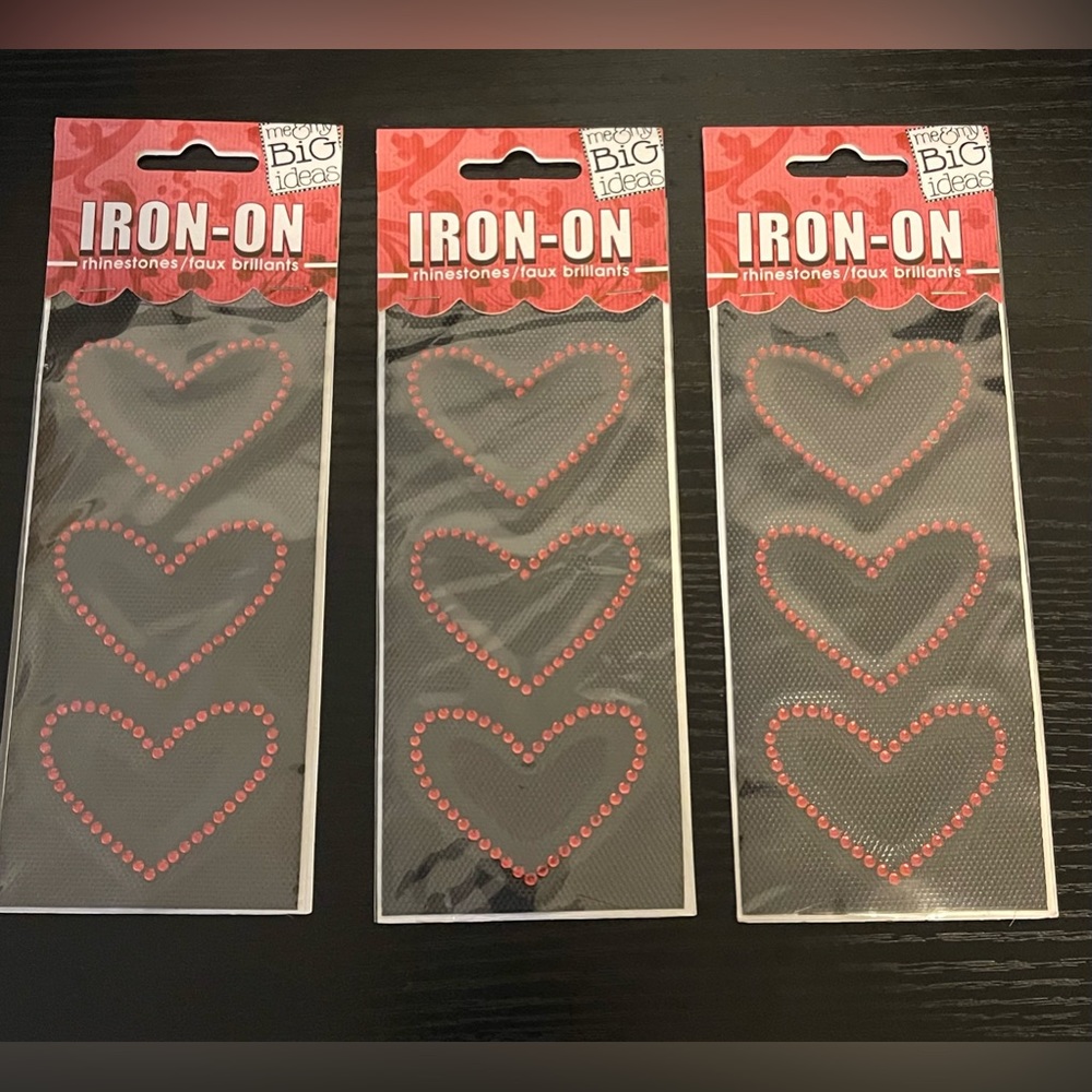 3 Peel, stick, & iron heart Rhinestone Transfer Iron-ons.
